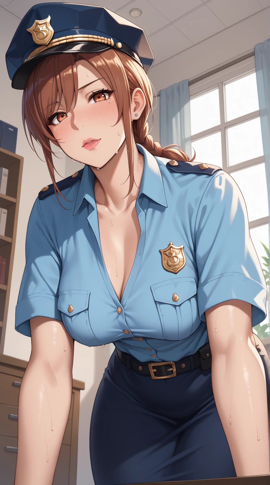 A beautiful police officer with short brown hair who loves masturbation、During masturbation、nsfw、Half naked、Miniskirt、