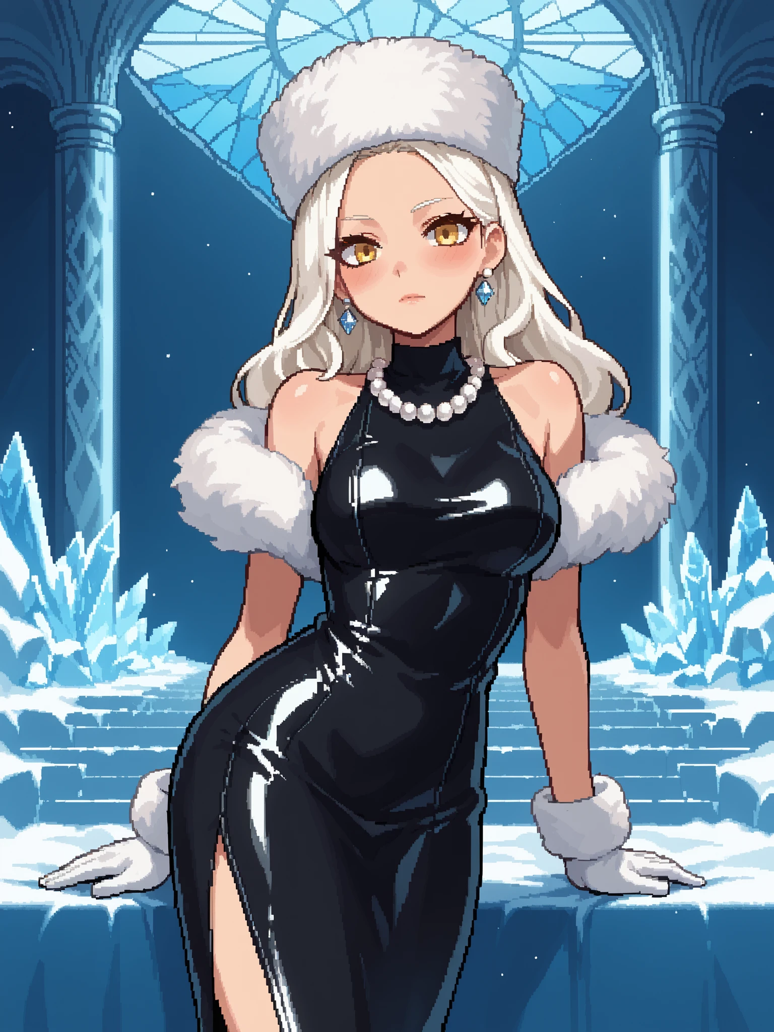 Score_9, score_8_up, score_7_up, source_anime, 1girl, solo, pixel art BREAK 

White hair, long hair, straight hair, forehead, yellow eyes, medium breasts BREAK  

edgwdc, winter clothes, gloves, hat, dress, bare shoulders, jewelry, earrings, white gloves, necklace, (black dress), short dress, latex dress, fur hat, pearl necklace, wearing edgwdc, white gloves with fur around it BREAK  

Looking at viewer, emotionless, blush, arm on side, closed mouth, Indoors , (ice palace) , ((blue walls)) , (diamond-shaped windows) ,
