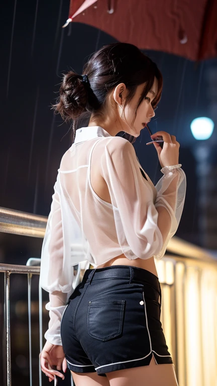 8k, masterpiece, RAW photo, best quality, photorealistic, extremely detailed CG unity 8k wallpaper, Depth of field, Cinematic Light, Lens Flare, Ray tracing, (extremely beautiful face, beautiful lips, beautiful eyes), intricate detail face, ((ultra detailed skin)) 1girl, in the dark, deep shadow, pretty Asian girl, idol, 1 girl, (very slim slender fit-muscled body:1.3), ((looking at viewer)),(big smile:1.3), (tight laced blouse), (short sleeve) , (city night, dark night, (neon sign), (blurred background), dim lights, cityscape, rooftops, beautiful earrings, bracelets, necklace, clear eyes, (pale skin), (big eyes), face forward, ((upper body shot)), (black, red silk pants),(brown hairs), (silk blouse), laced jacket , (looking at viewer:1.3), open breast, (very slim), medium breasts, (see through),((flooming laced)), (camel toe), laced blouses, thick thighs, medium butt, (red color pants), turning back, back shot