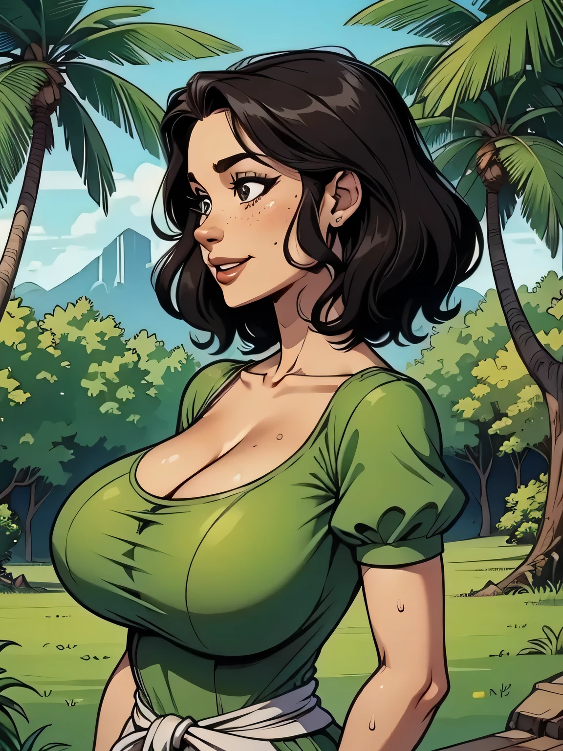 Gorgeous and sultry busty athletic (thin) brunette with sharp facial features and a (large nose) and (huge boobs) wearing a pale yellow sundress, long dress, skindentation, cleavage, park, lake, picnic