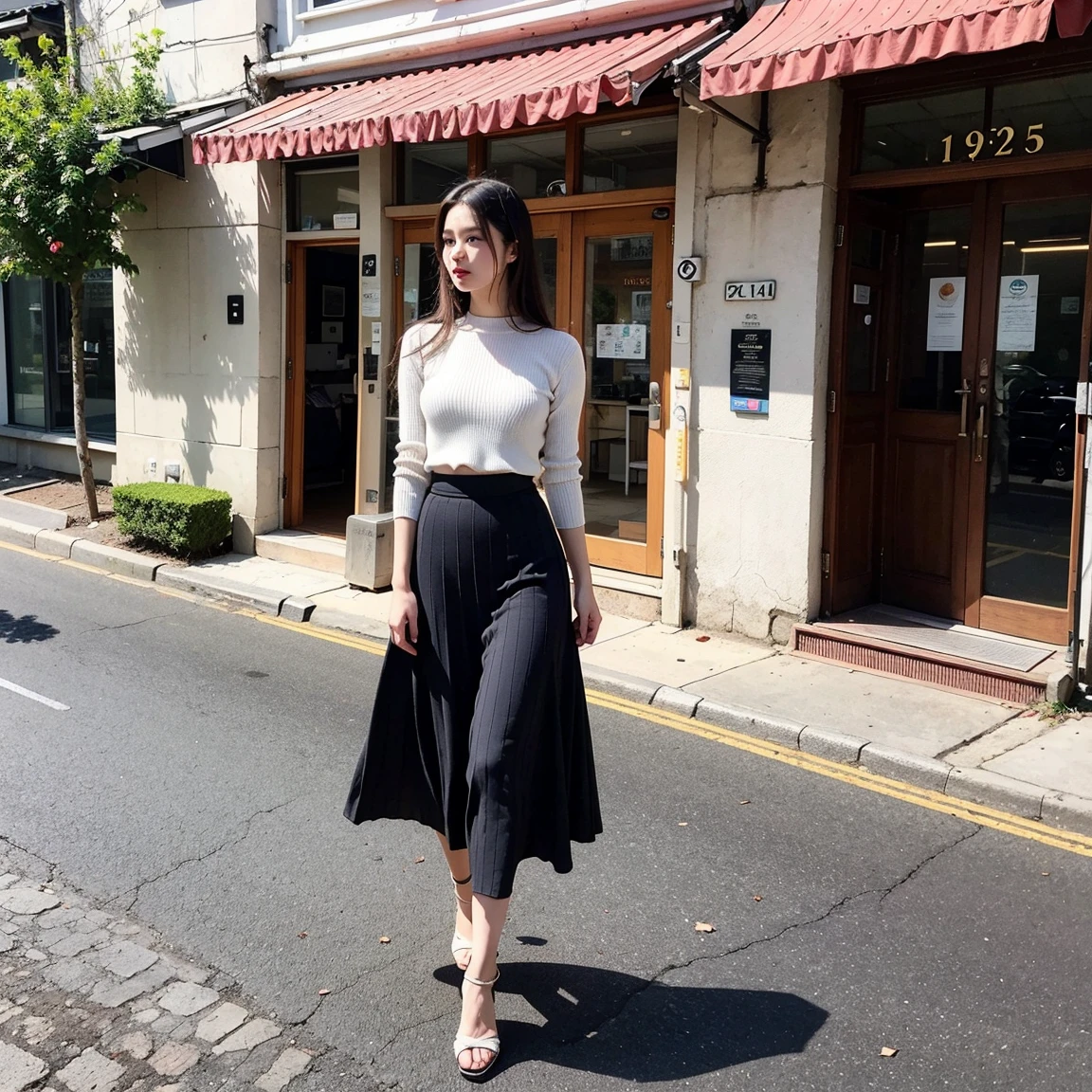(Woman walking on Tokyo street:1.3、smile、The background is a street corner:1.5)、(Realistic、Like a photograph、Live Action、8K, Realistic, RAW Photos, Best image quality: 1.4), Single-lens reflex camera、RAW Photos, Highest quality, Realistic, Very detailedな CG Unity 8K 壁紙, Written boundary depth, Cinematic Light, Lens flare, Ray Tracing, Realistic background、(Paisura:1.5、SpaciousＴshirt:1.2、(mermaidskirt:1.3、Long skirt)、((Shoulder bag)))、((Ultra-Dense Skin))、 1 female,Cute Japanese Woman、Girl going to work、((whole body:1.5)，smile、(Long Hair)、I like that style、stylish、Very detailed、Pay attention to the details、Perfect outfit、(Sunburned skin)、Beautiful legs:1.1，Anatomically correct body、Accurate Fingers、Are standing、View from the front、Super detailed face
