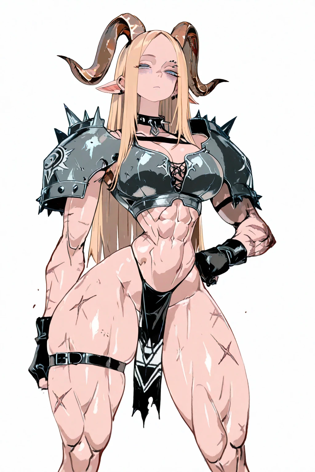 masterpiece, best quality, 1girl, rengar, abs, animal ears, armor, blue eye, yellow eyepatch, heterochromia, underboob, breasts, muscular female, shoulder armor, angry, solo, white hair, solid grey background <lora:Rengar:1>