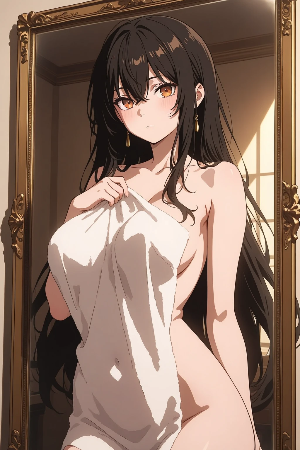 score_9, score_8_up, score_7_up, score_6_up BREAK source_anime, ishtar, long hair, black hair, ribbon, hair ribbon, two side up, red eyes, parted bangs, crown, 1girl, Virgin Killer Dress, smile,  wide hips, Sexy pose,  arms behind head, cowboy shot, The background is a living room