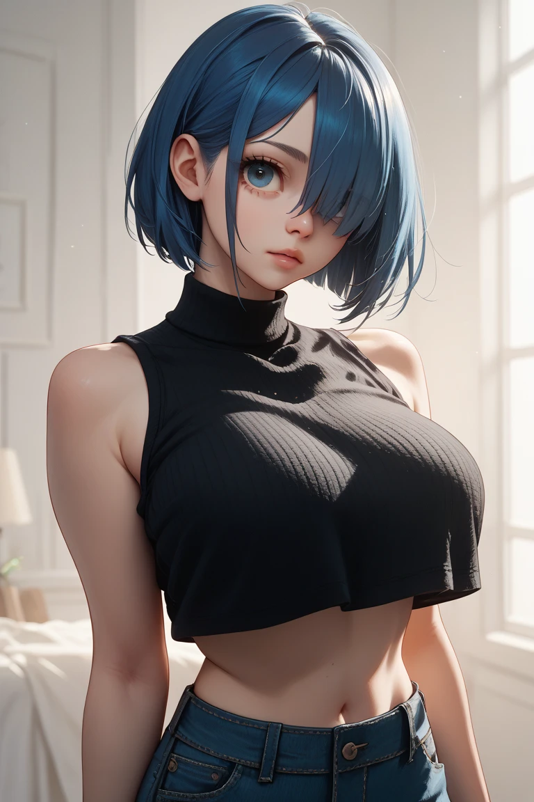 realistic, 1girl, blue hair, dark eyes, glowing eyes, purple top, skirt, parted lips, blush, night, abandoned house, ghost, night, neckline , big breast,
