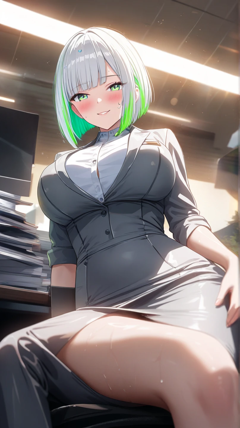 female lawyer，Wear workplace office clothes，in court，（slender figures），Green hair（B cup）look of anguish，green pupills，Broken clothes，tonedbody，The body gets bigger，Tear clothes，（Strong body），（Green skin），Kneel on both knees