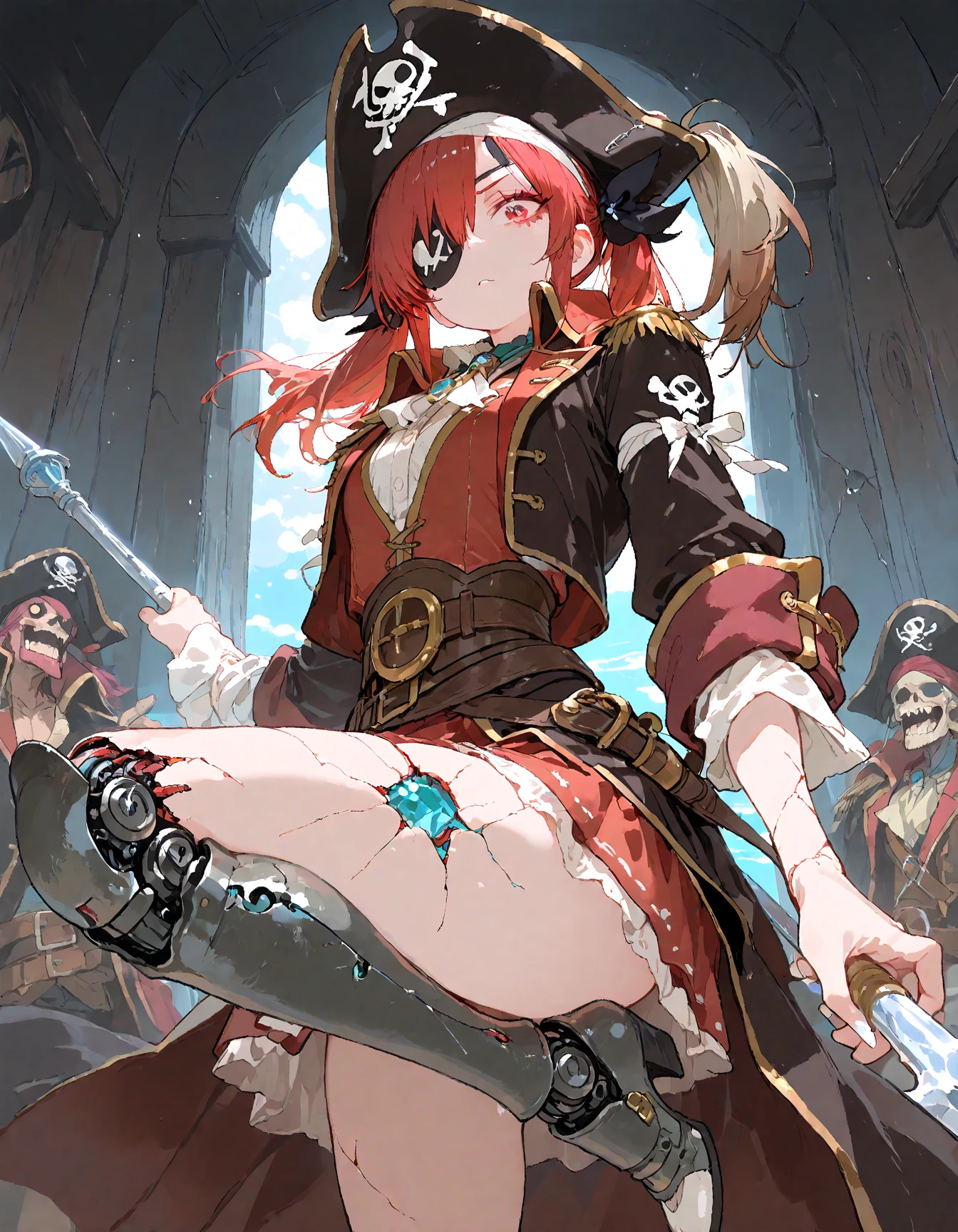 ((((pirate女帝　Skull Island　swordを持つ))))　(((Skull pattern　pirate　Large Breasts)))　((Boat　Orange Hair　blue eyes))　((necklace　sword))　(noon　Boatの上　sun　cloud)　Catch the wind　Shining Background　Light