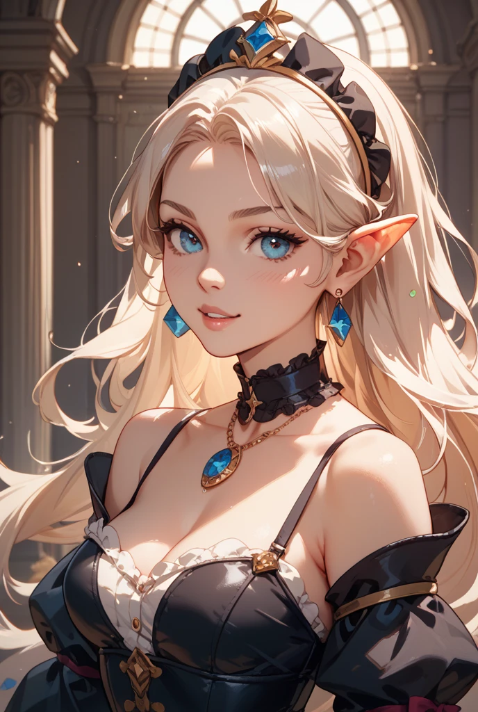 1 girl, Beautiful elf lady, begie blue Long straight hair, upturn elf pointy ears, sexy figure, charming cleavage, very beautiful face, detailed face, delicate eyes, detailed pupil, beautiful and delicate lips, pale skin, Serious, arrogant, absurd, gorgeous detailed dress, royalties, celebration, elegant, Noble, Bare shoulders, small crystal earrings, hand drawn animation, high detailed, palace banquet hall, symmetrical clothes, best quality, masterpiece, Fair,