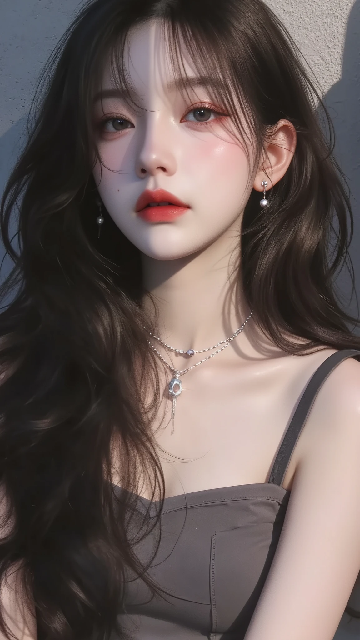 tmasterpiece、Top Quality、(reallistic、Photorealcitic:1.4)、(Raw-Photo:1.2)、very elaborate CG Unity 8K wallpaper、Very delicately beautiful.、majestueux、attention to detail、offcial art、absurderes、Unbelievably ridiculous resolution、huge file size、Extremely fine、Very sophisticated、beautiful eyes and face、Beautiful exquisite eyes、light on the face、1 girl in、navels、The upper part of the body、Grey sleeveless shirt、Bare wrist、By Bangs、Uljang-6500-V1.1