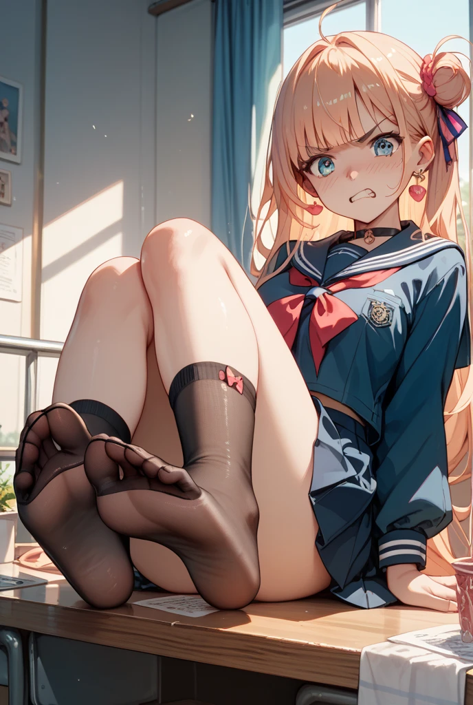(Anatomically correct,),(masutepiece),(detaileds),
pale tanned skin,Solo,Woman,(Wavy Hair,Blonde hair),(Panties),
(School uniform:1.2),baggy socks,