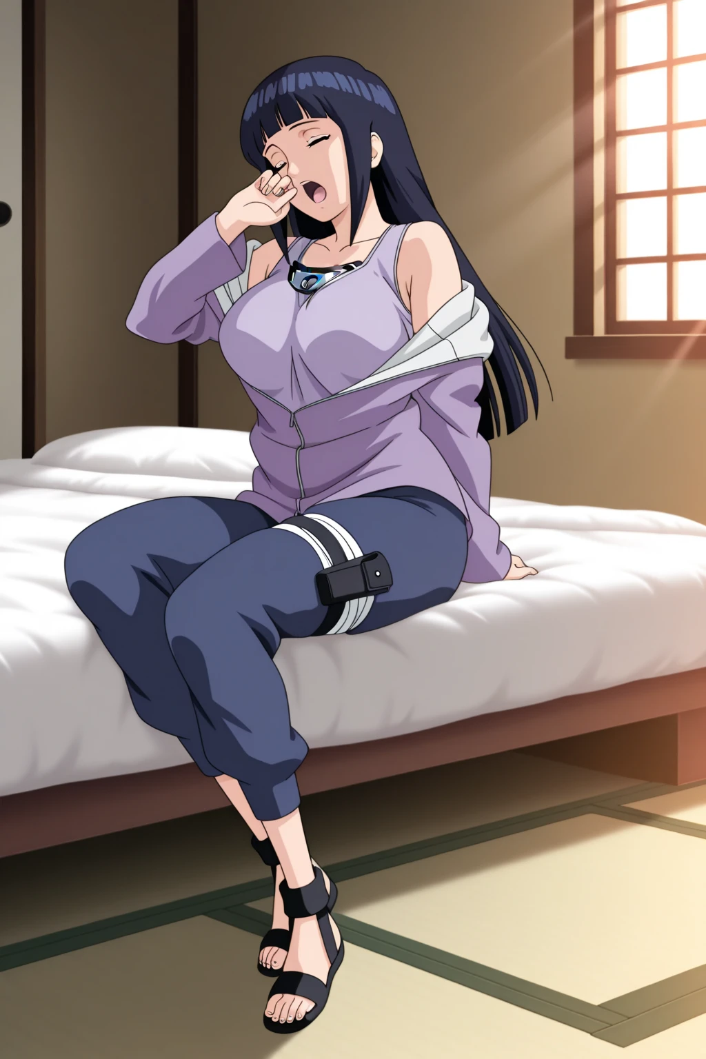 obra maestra, high resolution, alta calidad, cara detallada, Renderizado detallado del cuerpo, 1 chica, Solo, Hyuuga Hinata, Traje sin mangas de Hinata, pechos grandes, pecho grande, camisa sin mangas, top de rejilla, labios oscuros, chaqueta sin cremallera, sin sujetador, pechos afuera, nipple, de pie, se sonroja, (en el dormitorio)
