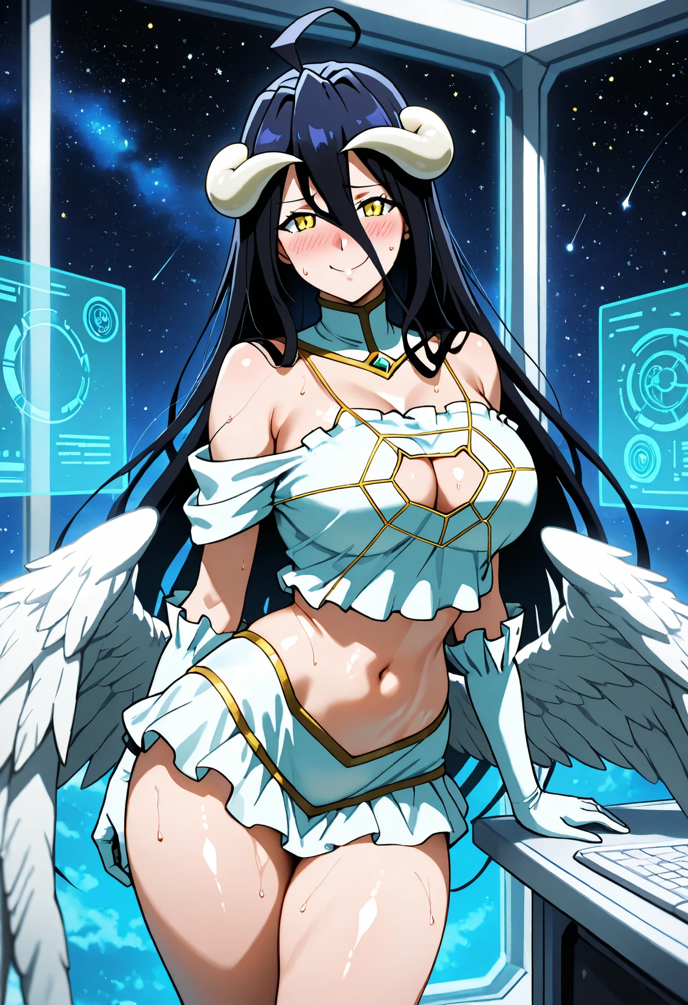 Mature Woman,Albedo from overlord, large breasts,, large breasts,, , blush, smile,,, cowboy shot, looking at viewer, cowboy shot, , smile, blush,, ,, cowboy shot, POSING, NICE LEGS, SIDE POSE, POUT FACE, NOSE BLUSH, HARD BLUSH, COWBOY SHOT, large breasts, standing, thick thigh, thick thighs, nose blush, shiny legs, shiny body, shiny hair, clear skin, clear body, sweat, sweaty, sweaty:1.3, looking at viewer,.,, A cozy futuristic space cabin with a wide glass window showing stars and galaxies, minimalist white walls, floating bed with soft LED underglow, a holographic interface desk, ambient blue lighting, DEPTH OF FIELD,,,,, white cat-themed crop top with a cat-shaped cutout, tight white mini-skirt accentuating her slim waist and thick thighs