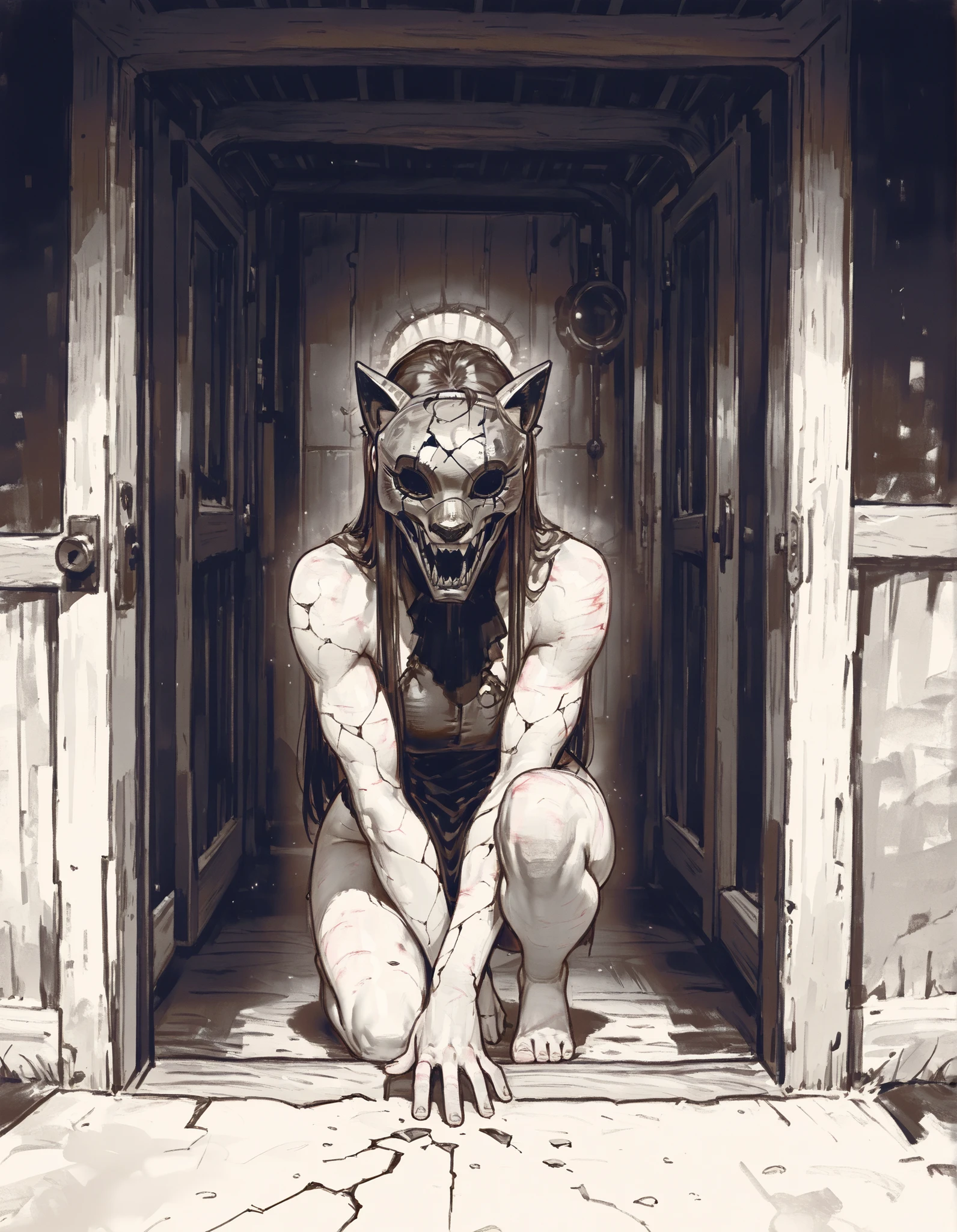 score_9, score_8_up, score_7_up, score_6_up, score_5_up, score_4_up, gr4ph1t3, simple drawing, monochrome, naked woman holding a (((cracked OPERA PHANTOM mask))), perfect banger body, in a empty cold (cabin) bedroom,, (UltraHD8K), (intricatedetails:1.1), masterpiece, best quality, amazing quality, belth, long hair, LowKeyLights, cinematic 8k, UHD, horror, grim , dark