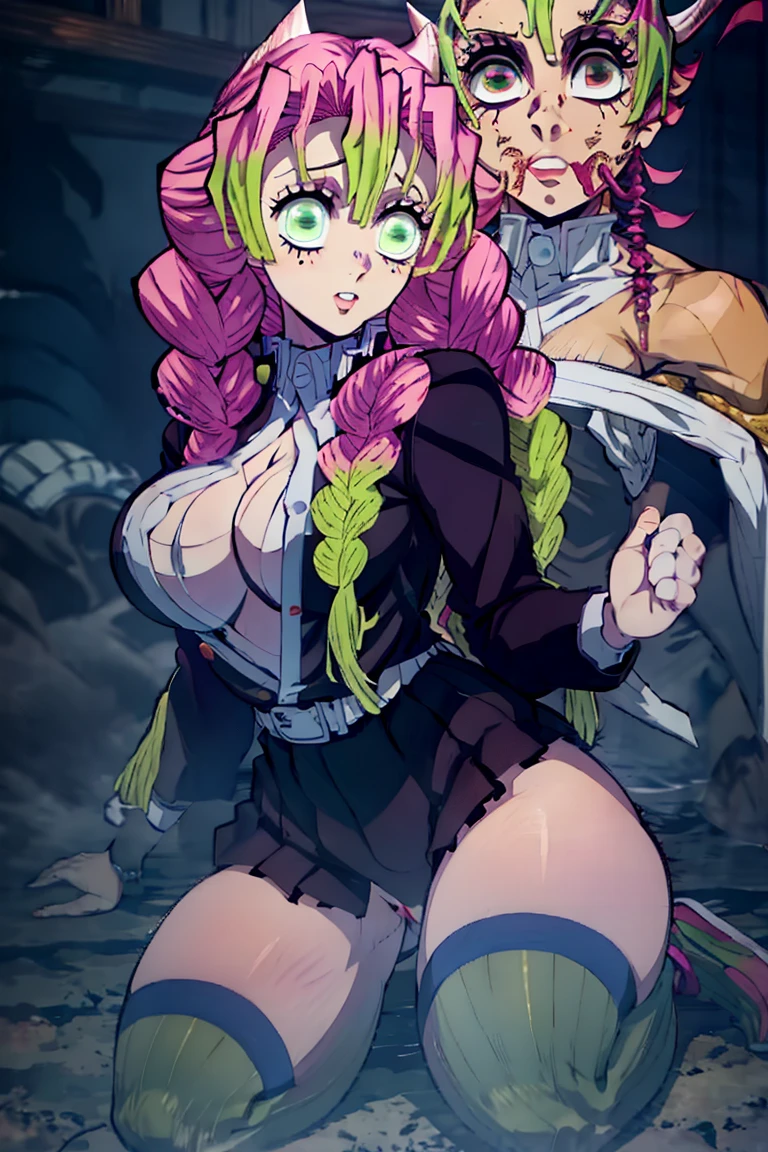 Kanroji Mitsuri、Pink Hair、Black Micro Bikini、Big Breasts、Big Tits、Thighs、Black tiny swimsuit、outside、City of night、Combat Ready、Confront the enemy、Spread your legs as wide as you can、Digging into the crotch、fight、Tattered、I injured、Surprised、Bleeding、panic、panic、forest、Fall down、Get it、Lying on the floor、床にFall down、Covered in dirt、Muddy、dirty、Covered in scars、a large number of cuts、abrasion