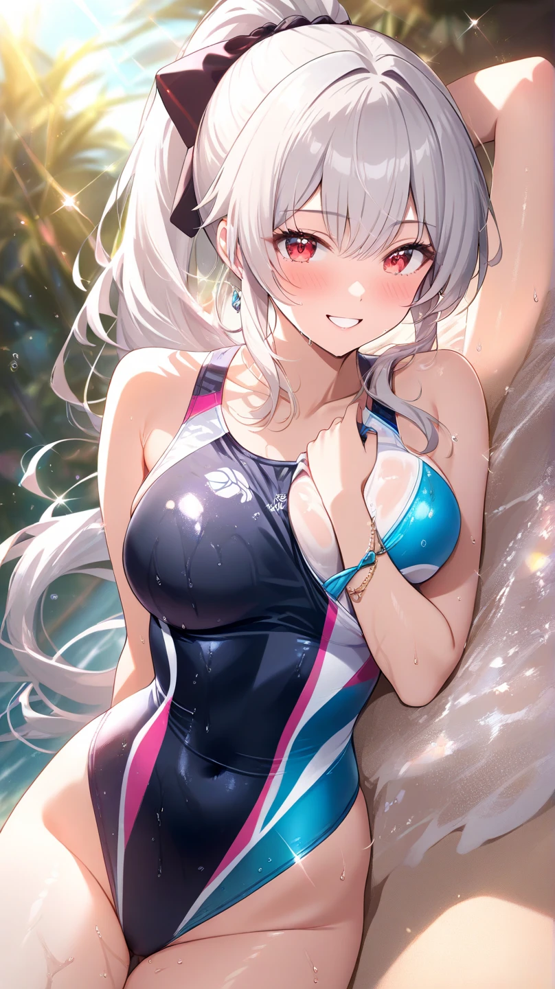 ((masterpiece)), ((best quality)), (ultra-detailed), ((kawaii)), cute, (lovely), ((sexy)), (ero), ((extremely detailed)), 4K, (8K), best quality, (beautiful), anime style, dynamic angle, upper body, face in profile, full body focus, on the beach, evening, summer, a cute girl, 1girl, solo, sailor suit, beautiful light brown hair, beautiful purple eyes, ((beautiful eyes)), white-skinned, long hair, transparent hair, translucent hair, large breast, smile, lens flare, wind effect