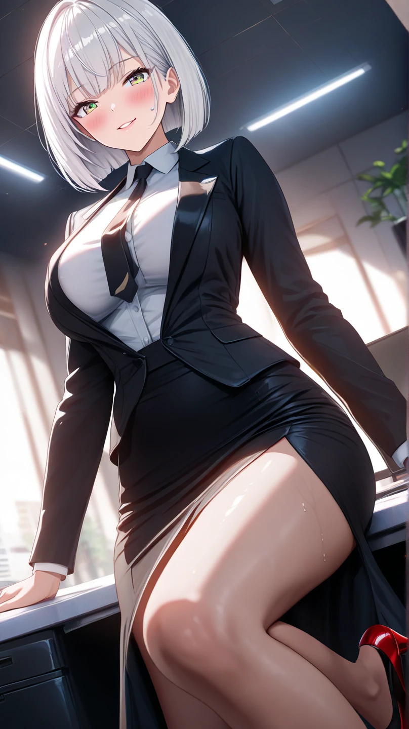 Nurse outfit, masterpiece, highly detailed, ultra detailed, best quality, highest quality, anime, girl, shy, embarrassed expression, short white hair, hugebreasts, blushing, highly detailed background, thin, white gloves, yellow eyes, (office background), (high quality background:1.4), (highly detailed clothes:1.4), (detailed face and eyes:1.2), (spread legs), (standing), (in the window with a city background), smooth legs, fishnet stockings, high heels, (exposed breast), protruding nipples.