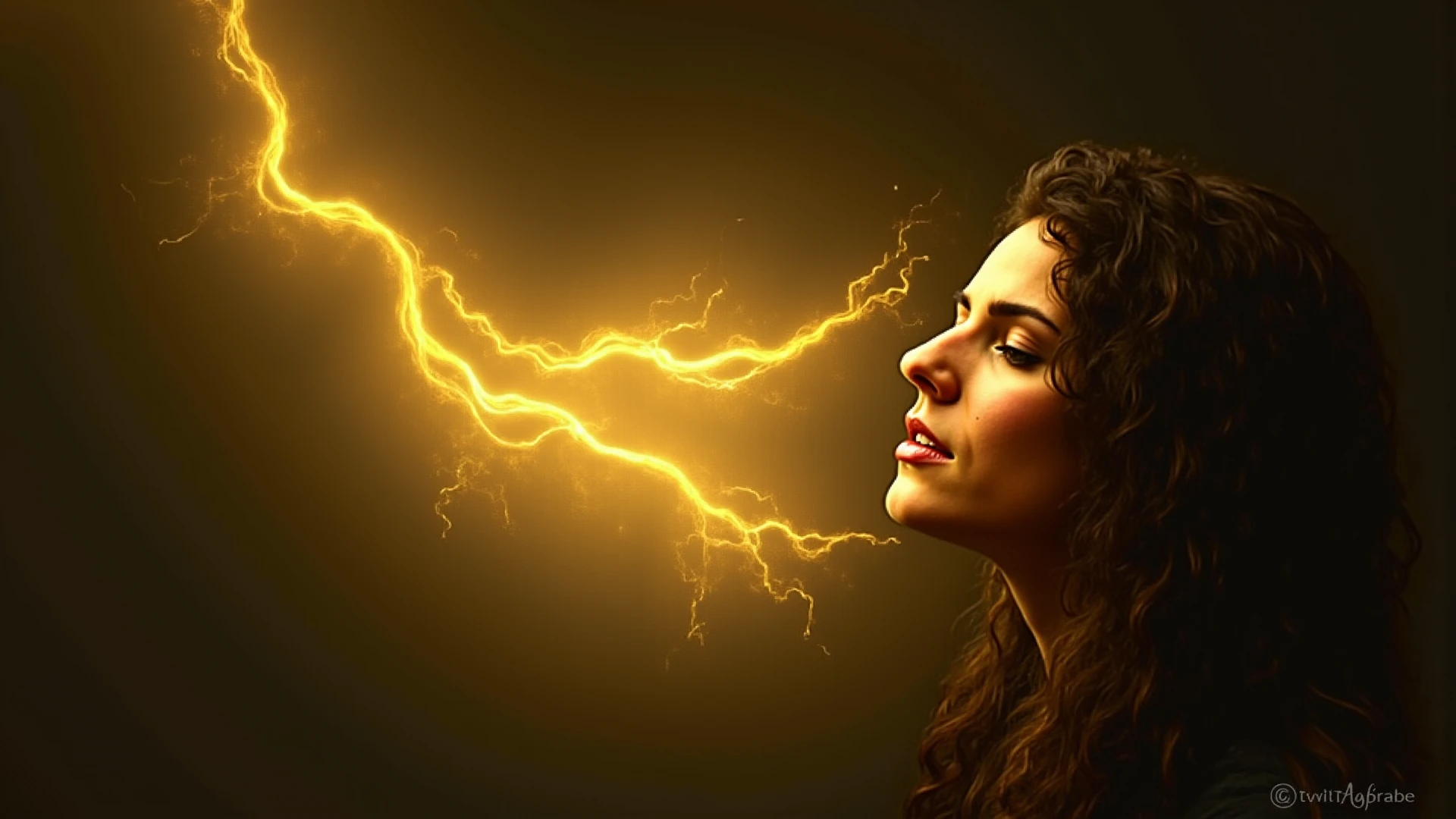 Woman wearing glasses curly hair to shoulder dark skin brown eyes orange blouse with black Pegasus symbol in rain looking at lightning in sky