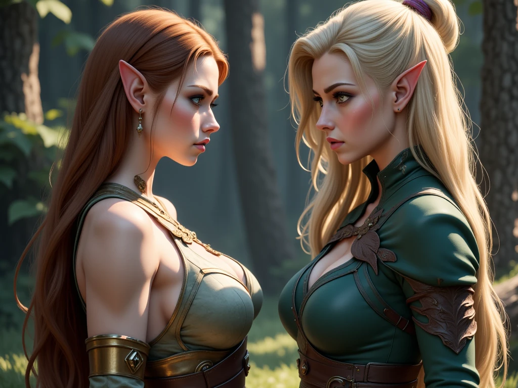 2 realistic elf women, very detailed faces, all body, , bust, The most beautiful face, big and regular breasts, NSFW, red blush, blushing, slim abdomen: 1.2, detailed eyes, sexy, undressed, naked, open mouth,