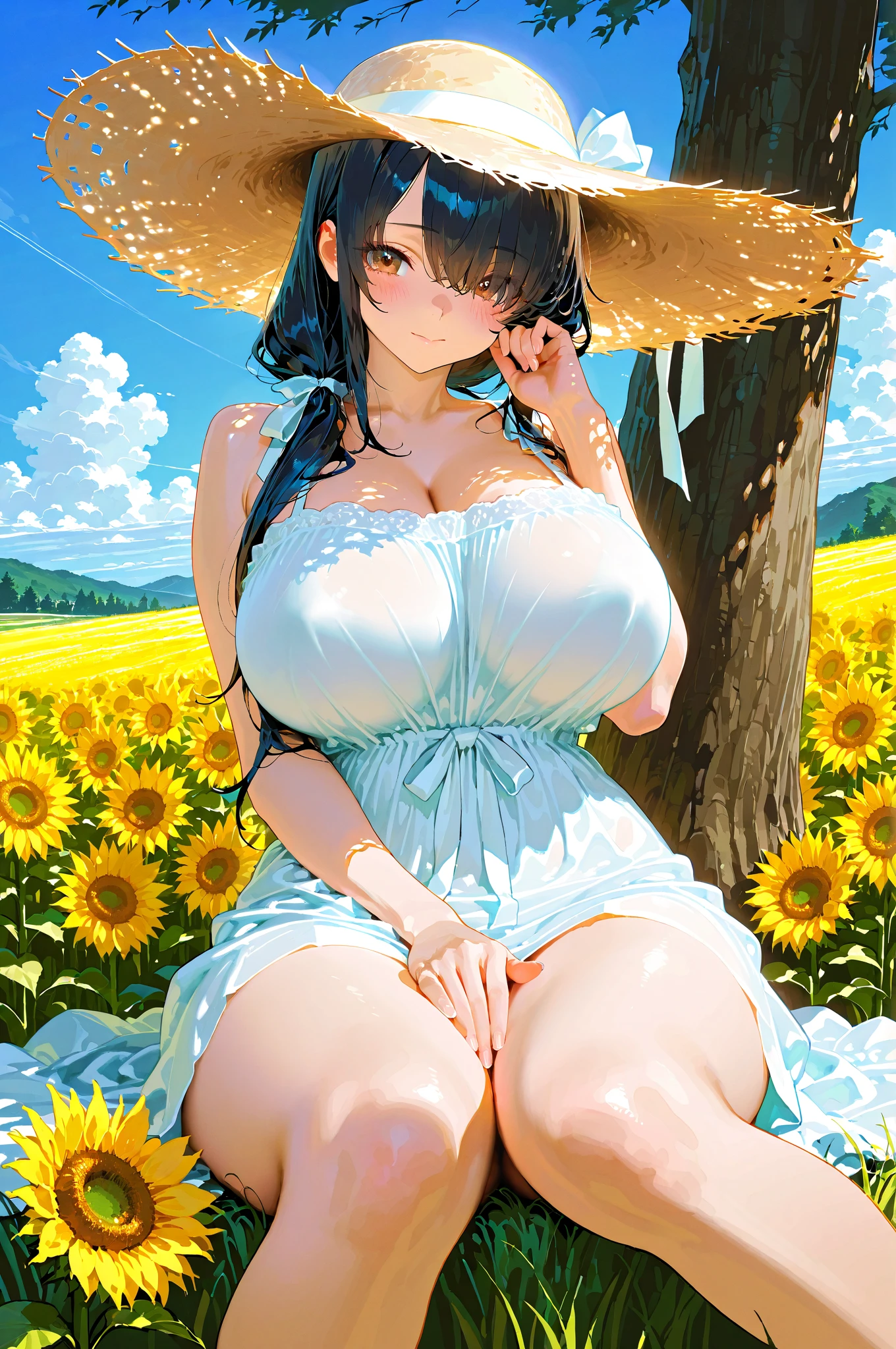 long dark hair / big tits / brown eye / lying on the grass . sexy pose . sunset