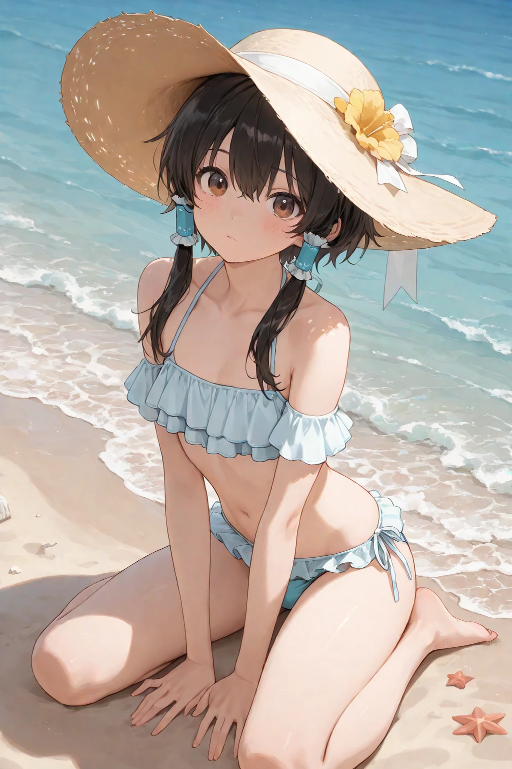 looking back at viewer、tideland、Covered in mud、Tiny string bikini、Thighs、Girl、Girl、Younger、Baby Face、flat chest、forehead、Butt、Dynamic Angle、Seaside、Sandy Beach、Embarrassed、sunlight、Both eyes open、Sun hat