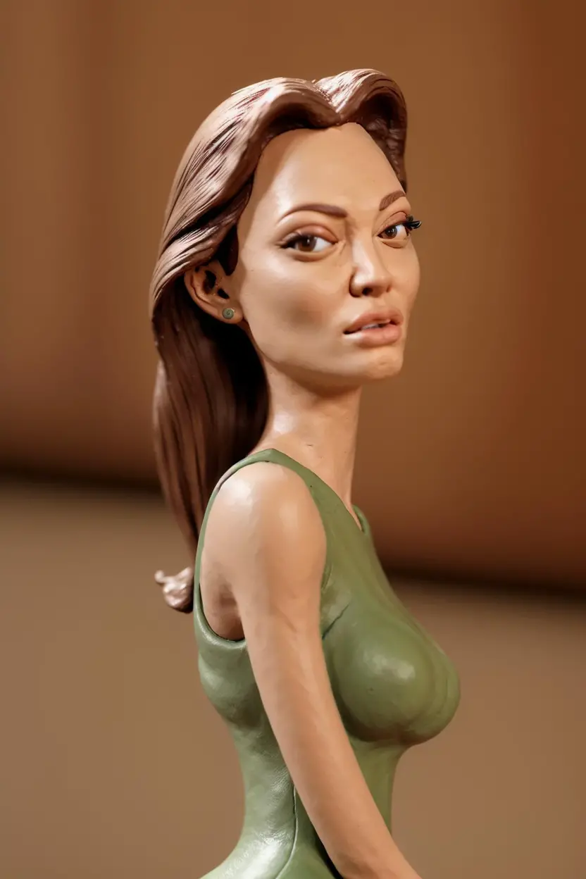 clayanim, close-up, angelina jolie, fingerprints, on a wooden support, dof, sharp focus, <lora:ClayAnim:1>