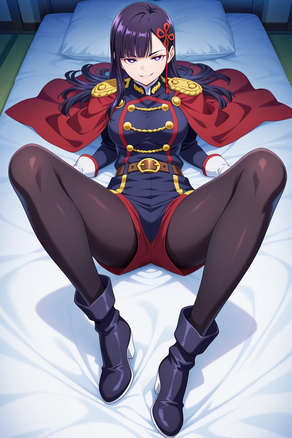 (masutepiece),(Best Quality), Katsuragi Misato, 、Colossal tits、See-through white dress,Seductive underwear、Sleeping in bed、 Spread your legs apart、Brown eyes, Cross Necklace, Red jacket, Persistent stare, Sharp eyes, Spread your legs apart、Open the crotch、sexy langeries