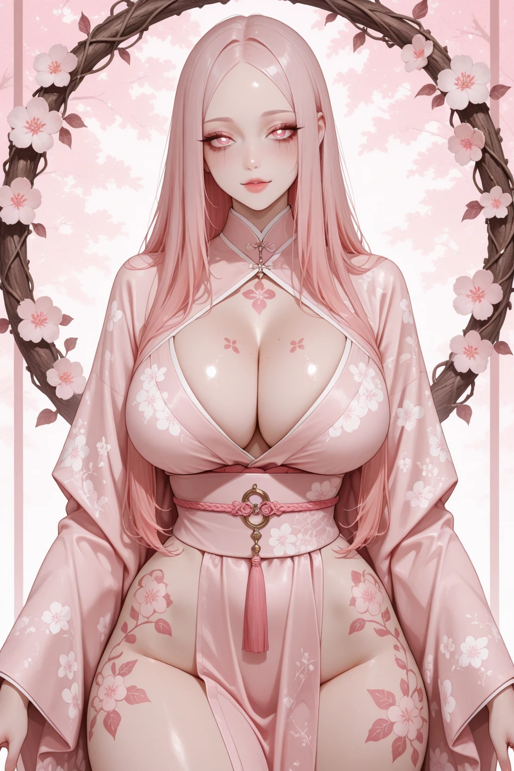 flexible, slender, sexy-looking bad bitch Sakura Haruno (Naruto anime), highly detailed face, large breasts, much-worn kimono, powerful and forceful kick, vibrant cherry blossom garden, warm and golden lighting, captivating eyes, long and fluttering eyelashes, full and inviting lips, flowing hair adorned with cherry blossom petals, traditional illustration and digital rendering techniques, ultra-detailed and photorealistic image quality, vivid colors, fusion of anime and realism, inspired by cherry blossoms, tranquil and serene atmosphere.
