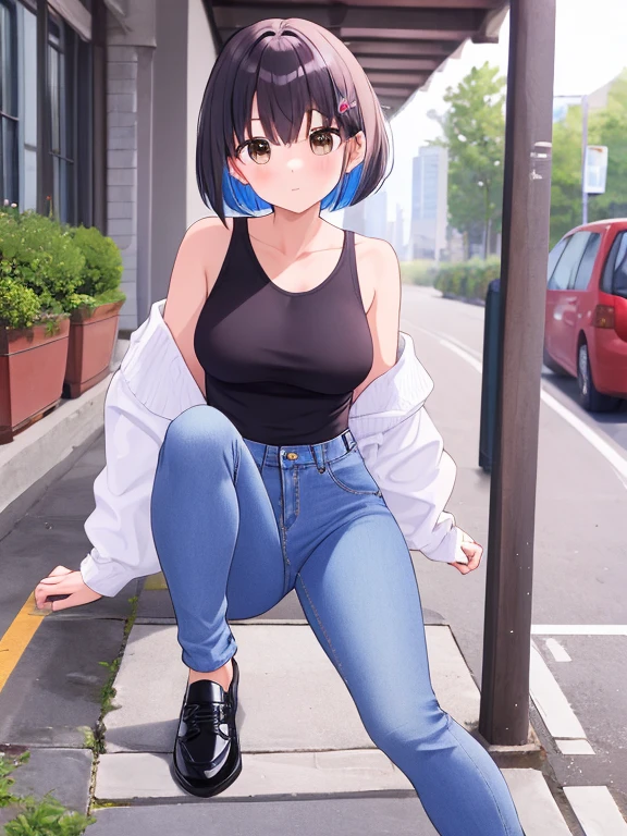 creates a 24-year-old anime girl with blue jeans and a red blouse with straps, wide hips and large breasts with blue eyes in an urban landscape