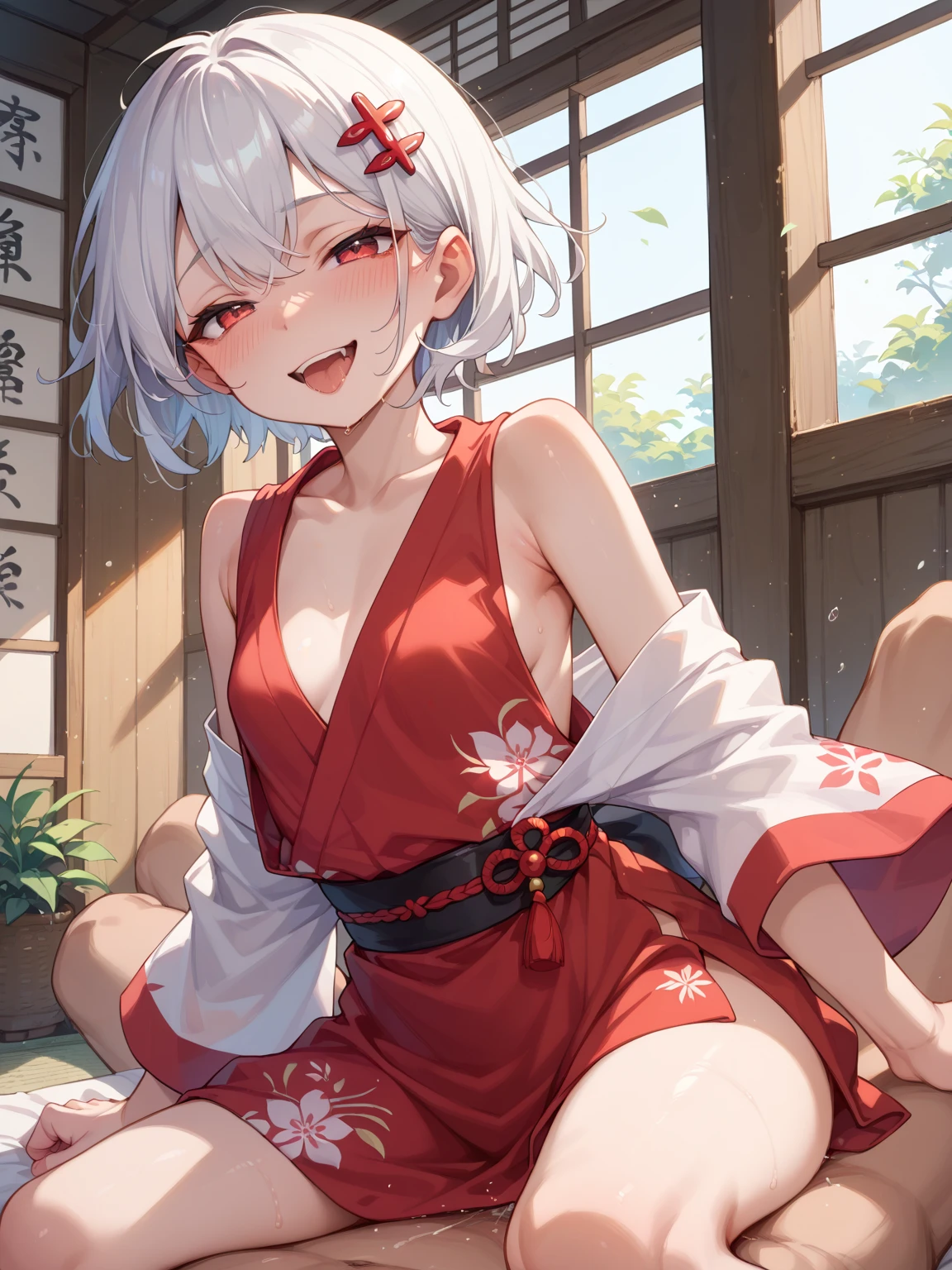 1girl,solo,closeup upperbody,(breasts focus),Wide-angle,Proudly,faint smile,evil smile,white (yukata,miko:1.3),Japanese style,head decoration,Cleavage,under wear,Navel,Collarbone,Kneeling,See-through,(shorts:1.3),Thick thighs,from below,(loli),perfect legs,large breasts