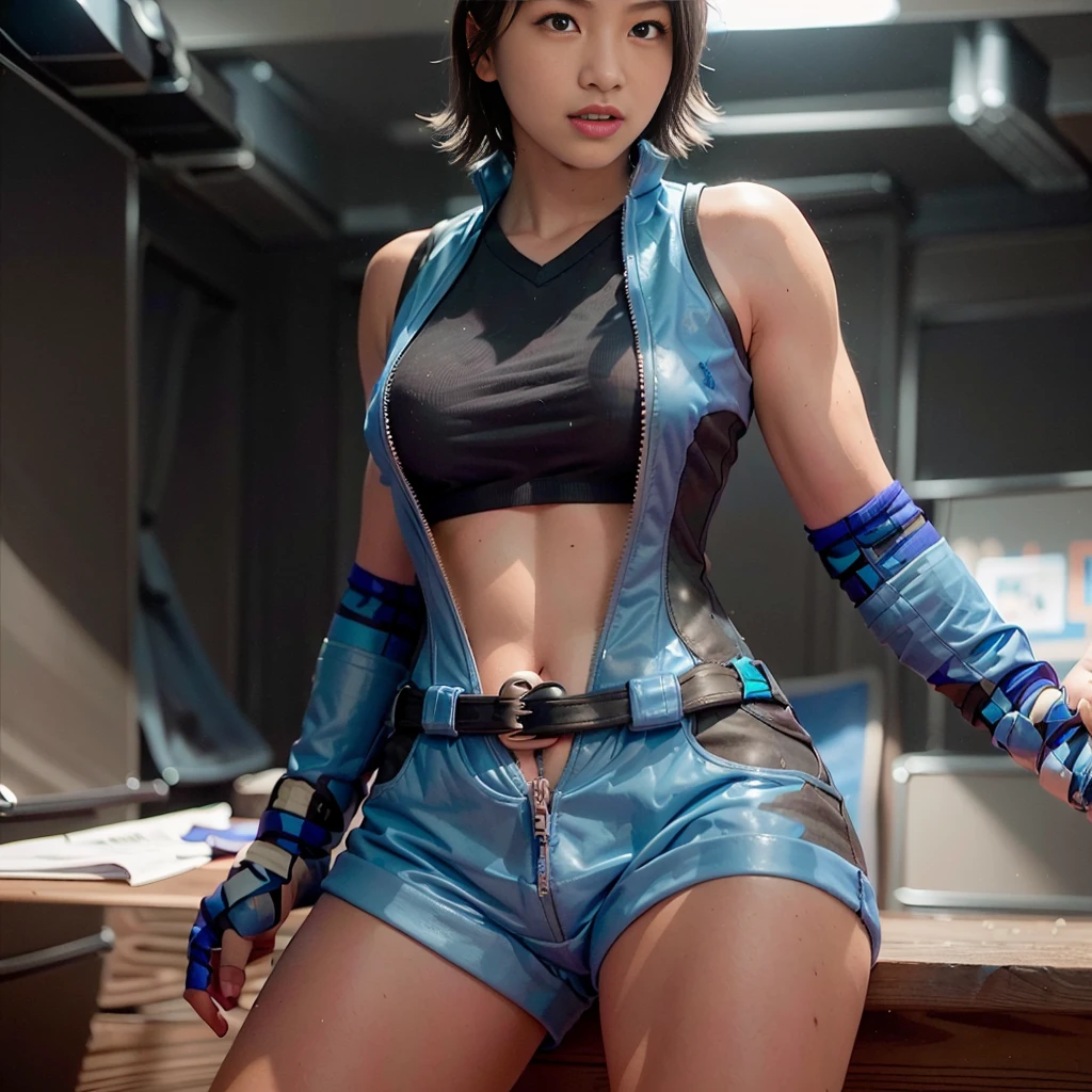 (Skin scars: 1.2), (Skin dents), Black eyes, 1 woman, 25 years old, ((((Female))), Solo, Realistic, Best Quality, Photorealistic, Masterpiece, 8K, High Resolution, Solo, Highly Detailed Face, (Professional Lighting, Bokeh), (Light Particles, Lens Flare, Luminous Particles: 0.6), (Dynamic Pose: 1.2), Soft Lighting, Angle View from Above Fashionable and trendy atmosphere, Japan, street, Tokyo, city, ((daytime)), sky, wire cable, (((viewer: 1)), (watching camera), (portrait: 0.6), cowboy shot, gorgeous, sitting with legs spread, maintaining original facial proportions, broad shoulders, full body, (small) chest), (medium hair), brown hair, floating hair, lips, lipstick, seductive smile, floating hair, smile, open mouth, teeth, (white blouse), (jumper skirt), eyelashes, (Asuka Kazama, touches the soles of both feet on the floor, opens both legs left and right to show off the crotch))),((((Front angle))))