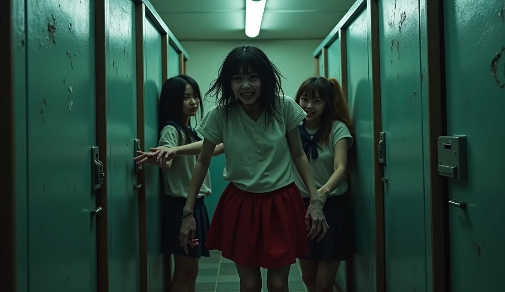 School girls in long black skirts choking boy in bathroom strangling him with their hands