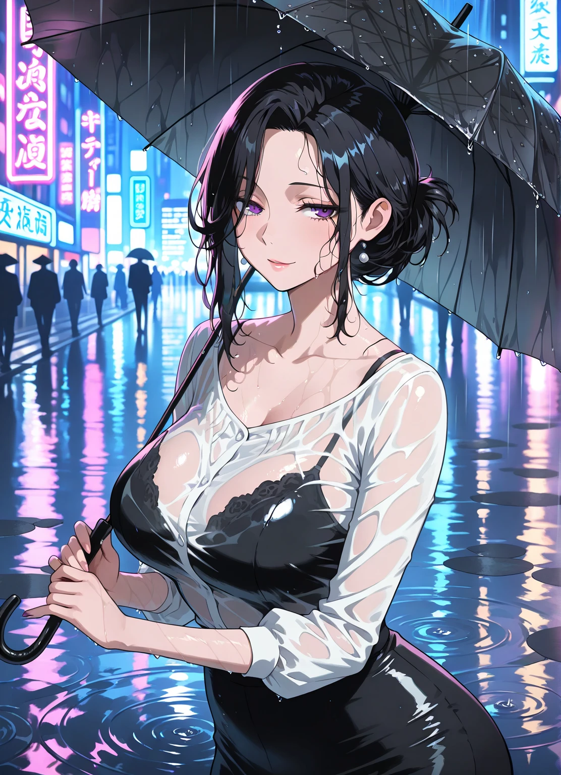 anime artwork, score_9, score_8_up, score_7_up, score_6_up, score_5_up, score_4_up, Lady Nagant,, breasts, , big breasts, , , , she is 24 years old, , ,horny, , , , style_3, , outdoors, raining, , wet, dark atmoshpere, , gaps in the clouds,