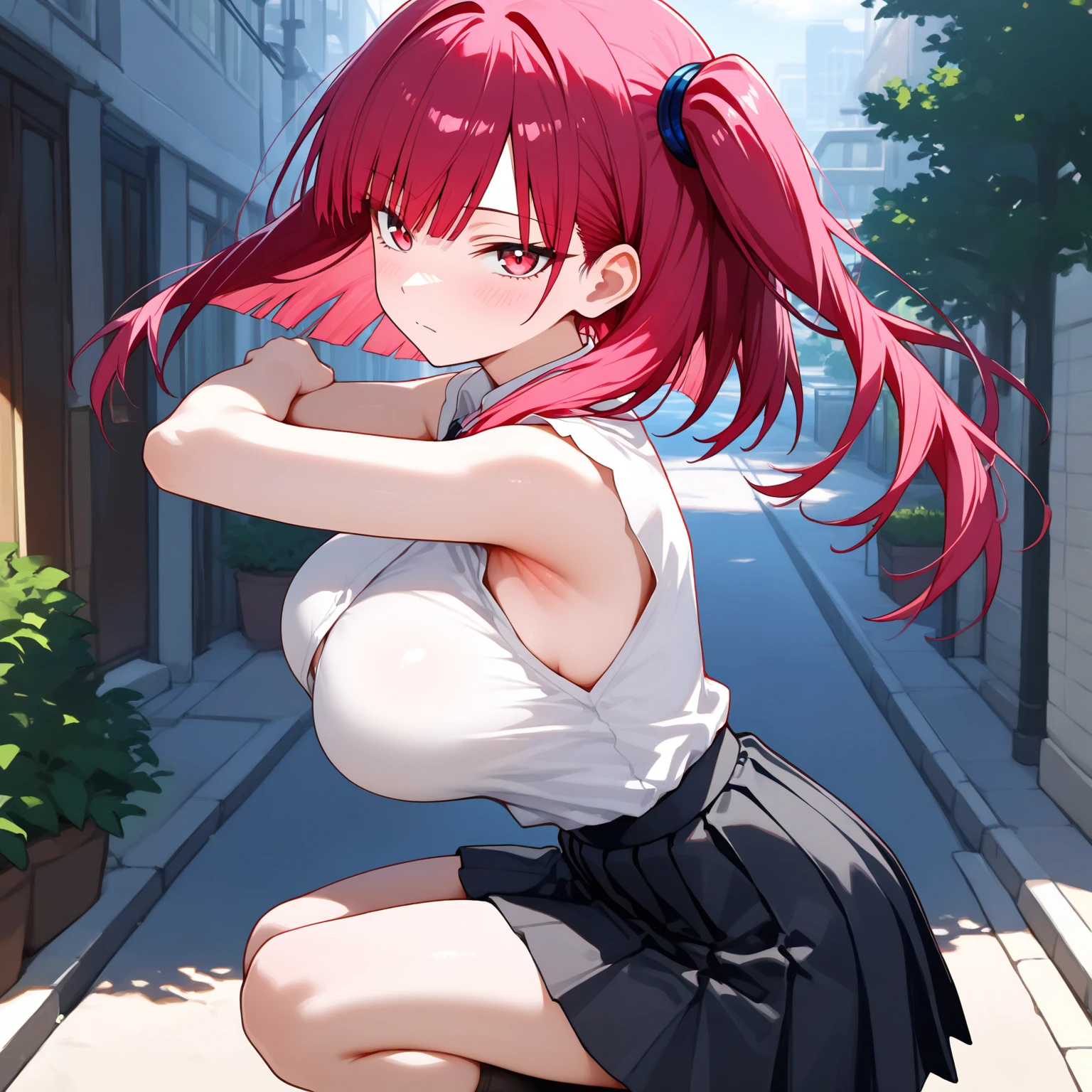 A short red-haired anime girl is sitting on the ground, with a sad expression. (wink), expressing a very sad emotion. Has a hurt expression. A gap moe yandere, yandere, has a sad expression. The expression is cute. Has a bored expression. Crying and stretching out her arms. Has a depressed and sad expression. Narrowing her eyes. (Anime girl), An anime girl is squatting.