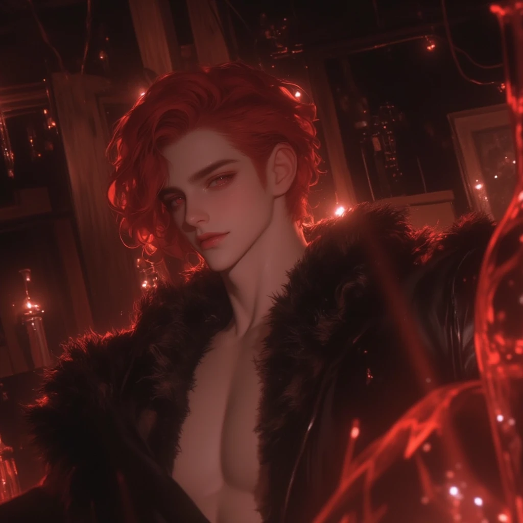 ((Best quality)), ((masterpiece)), (detailed), ((perfect face)), ((halfbody)) perfect proporcions,He is a handsome vampire, 18 years old, long red hair, he poses sensually, he is naked, NSFW, there is a background of a gothic room with lit candles, he has an erect penis, he is sexy ((perfect face)) NSFW
