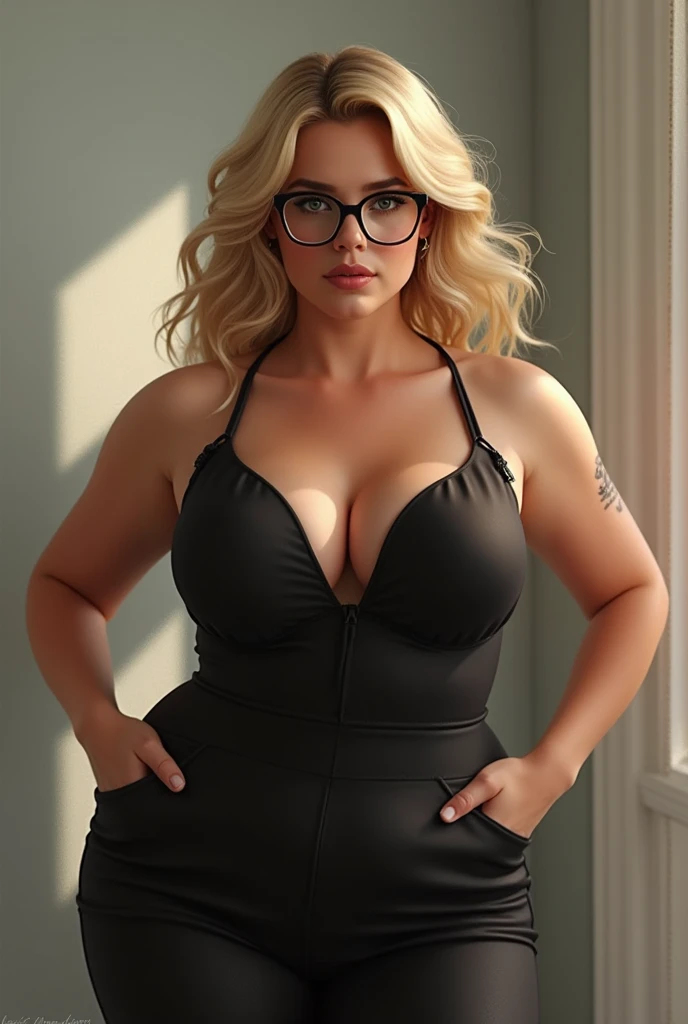 Big tits blonde milf in glasses and fishnet body suit. hair in messy bun