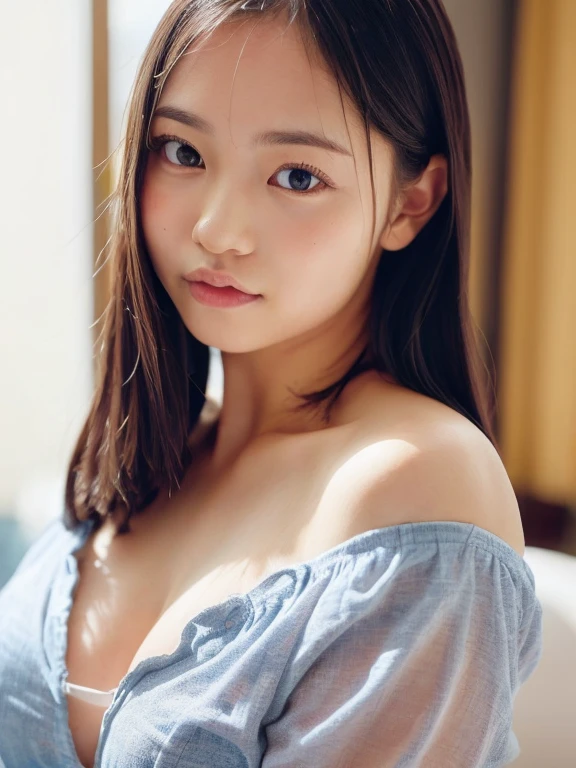 High resolution、High resolution、Highest quality、masterpiece、Beautiful Japanese Girl、White skin、Small breasts、The whole body is shown、very nice,（(Very oversized t-shirt with a plunging neckline)),((Put your hands on the ground, lean forward, and stare at me.))((No bra))((Clearer cleavage)