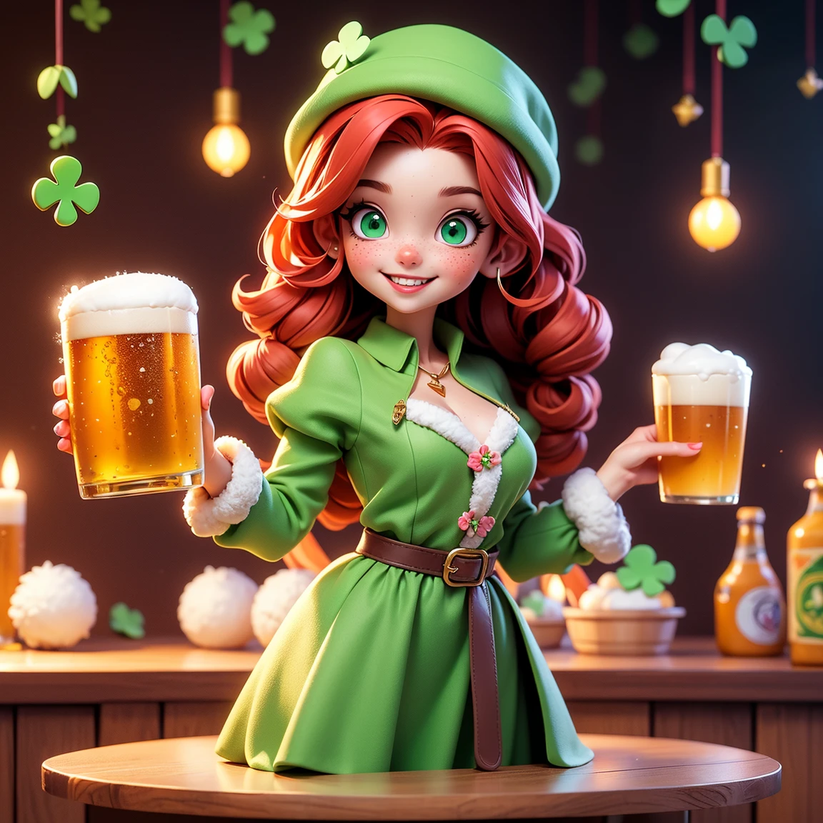 (masterpiece, best quality, 4k, detailed, intricate, realistic),1girl,in a bar,edgShamrock,green hoodie,wearing edgShamrock_hoodie,clover print,orange hair,green eyes,freckles,jeans,twin braids,smile,cowboy shot,mug of beer <lora:edgShamrockHoodiev1:0.8>