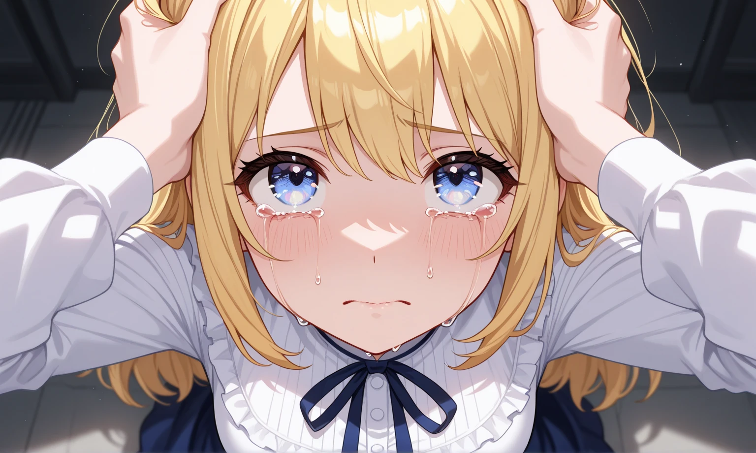 nsfw,(Petite),(A cute boy),blonde low twintails,lips,(Handjob),Sweat,White Breath,Audience peering from above,(((Drooling)))