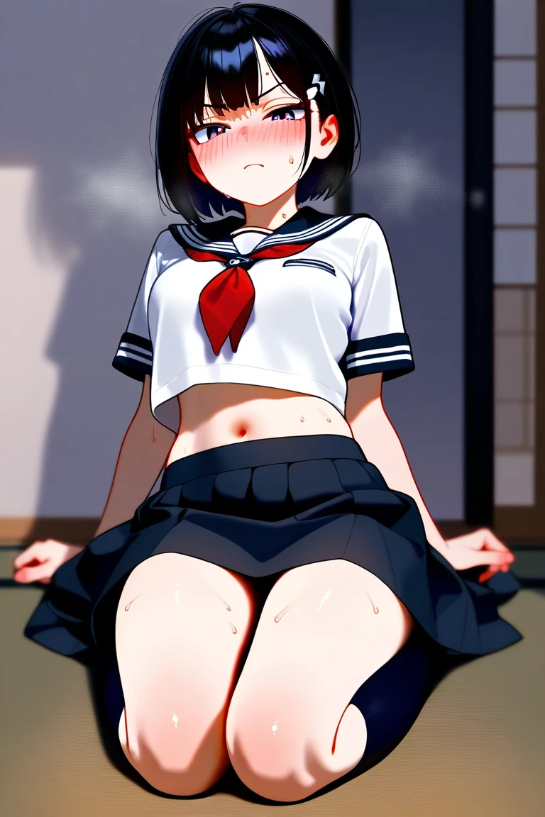 My feet are covered in mud、With sea mud、shoot from below、Black T-shirt、Black Swimsuit、Thighs、Girl、Girl、Short、Younger、Lower school year、Baby Face、Both eyes open、flat chest、Dynamic Angle