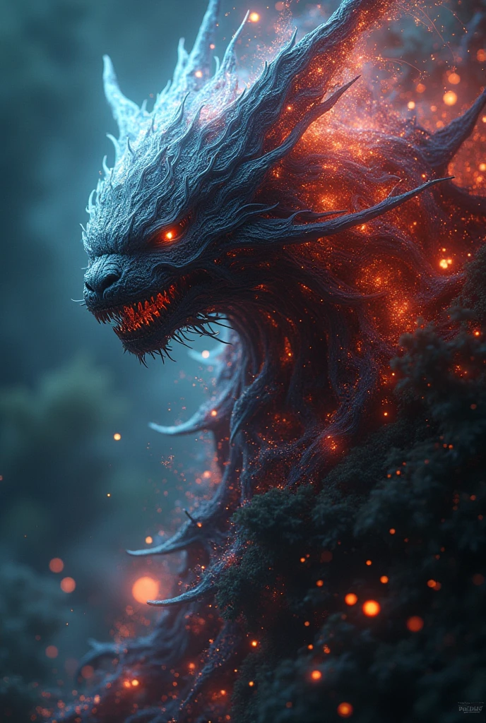 A scary mythical monster with no form, lurking in shadows, evil aura emanating, traveling through time and space, wide galaxy view, detailed setting, orange and teal backlight, starry skies in the distant background, amazing composition