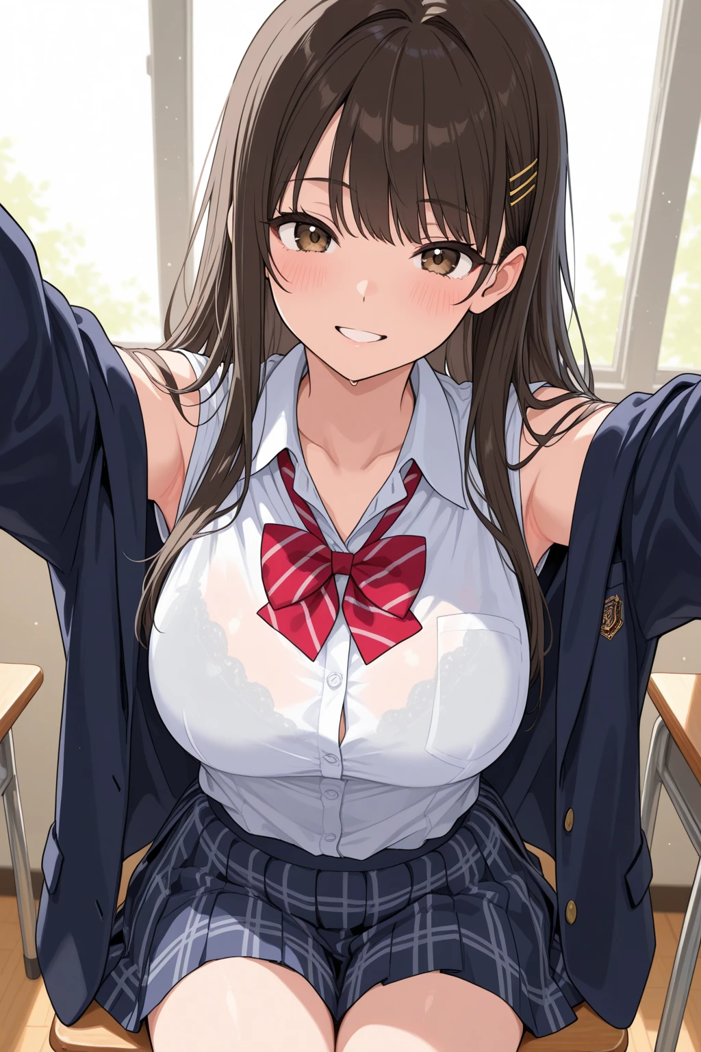 {{{masterpiece}}}, {{{best quality}}}, {{ultra-detailed}}, {illustration}, {{an extremely delicate and beautiful}}, 8k, NSFW, solo, 1girl, uzuki shimamura(iDOLM@STER Cinderella Girls), cute face, brown eyes, long hair, brown hair, braid, medium breasts, , blazer, brown blazer, white shirt, pink bowtie, red skirt, pleated skirt, plaid skirt, BREAK, NSFW, A man and a woman are having intense sex that drives them crazy, ((1man and 1woman,having sex)), (SEX:1.5) (reverse suspended congress:1.3), Rear cowgirl position, straddle the waist, hetero, face-to-face,{{soul kiss}}, orgasm, tongue out, {{{vaginal penis}}}, hetero, sex with men, nipples, large penis, veiny penis, testicles, from behind, open vagina, clitoris, spread vagina by both hands, crotch grab, nail, looking at viewer, spread legs, {{open vagina, spread pussy, pussy, clitoris glans, urethra, vaginal opening, labia minora, uterus, smooth pussy}}, taking off clothes, open clothes, Open shirt, open jacket, lift up jacket, breasts, nipples, lift up skirt, blush,open mouth,embarrassed,naughty expression, raise your legs, M-shaped spread your legs, on the bed, uncensored, Handsome young man, same direction, male body, man's lower body, from below, pov torso grab