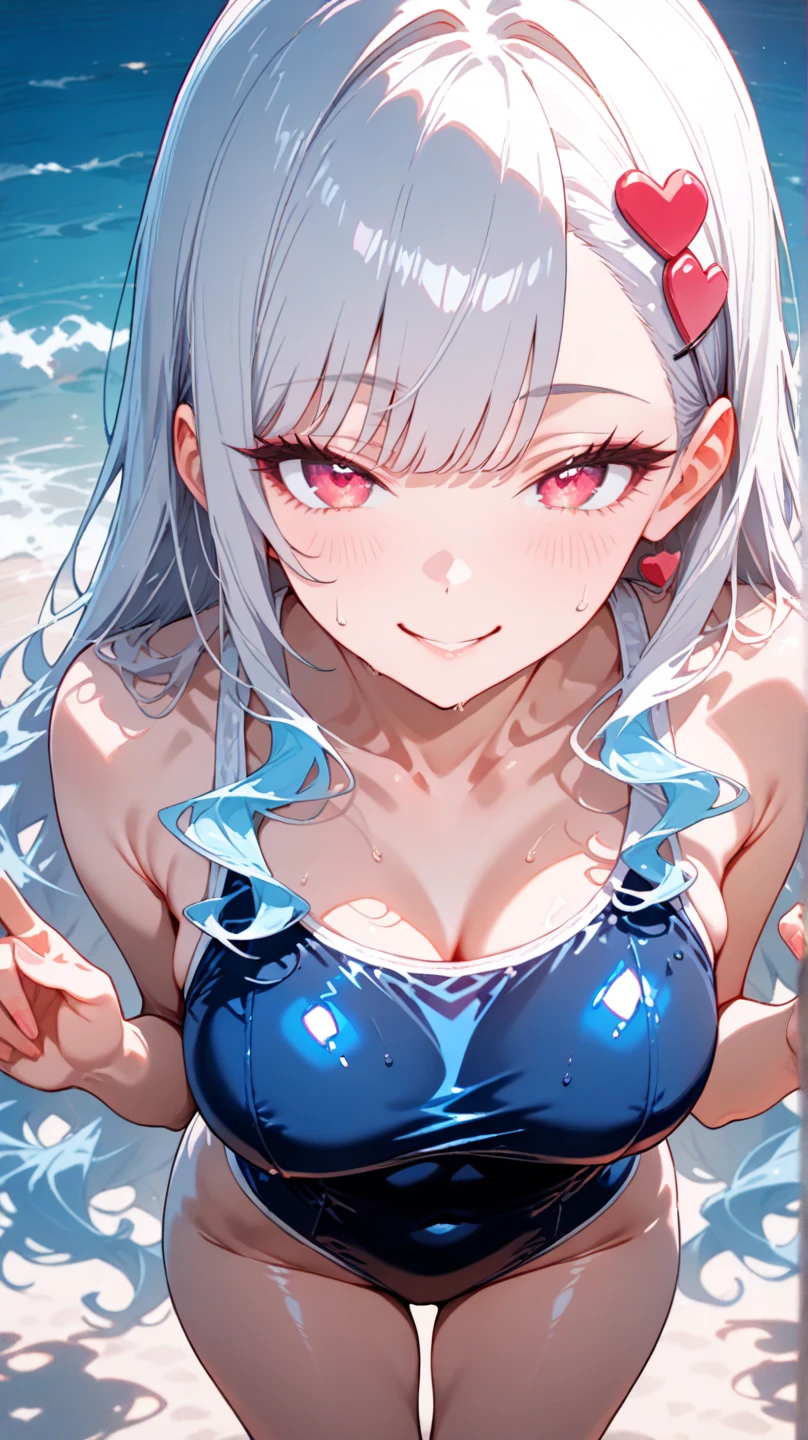 (pov Swimwear style) (beautiful body), (solo:2, 16 yo, hime cut silver hair hair long hair divine fighter girl, cool red eyes, serious face, medium tits), (in a Crystalline detailed one piece Layered Dress swimsuit, detailed sequin body chain), break, in the summer Swimsuit contest show venue, background Double Exposure beautiful ocean, BREAK, perfect ???????, masterpiece, best quality, 16k, beautiful detailed love, sexy, daydreaming expression.