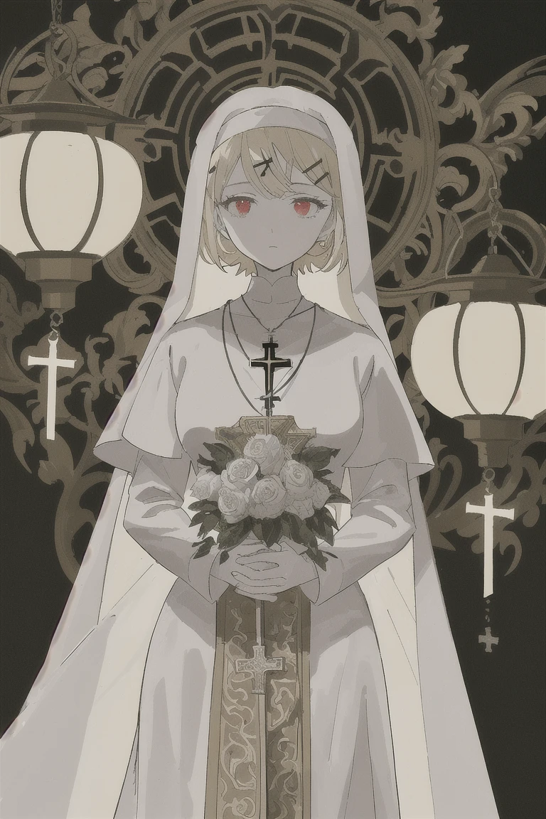 beautiful cute girl,((blonde hair:1.2)),(Medium wave hair:1.1),(blue eyes:1.2),(princess:1.1),(camisole:1.25),(White Nun costume:1.25),((lace:1.2)),kiss Face,(Chapel:1.25).