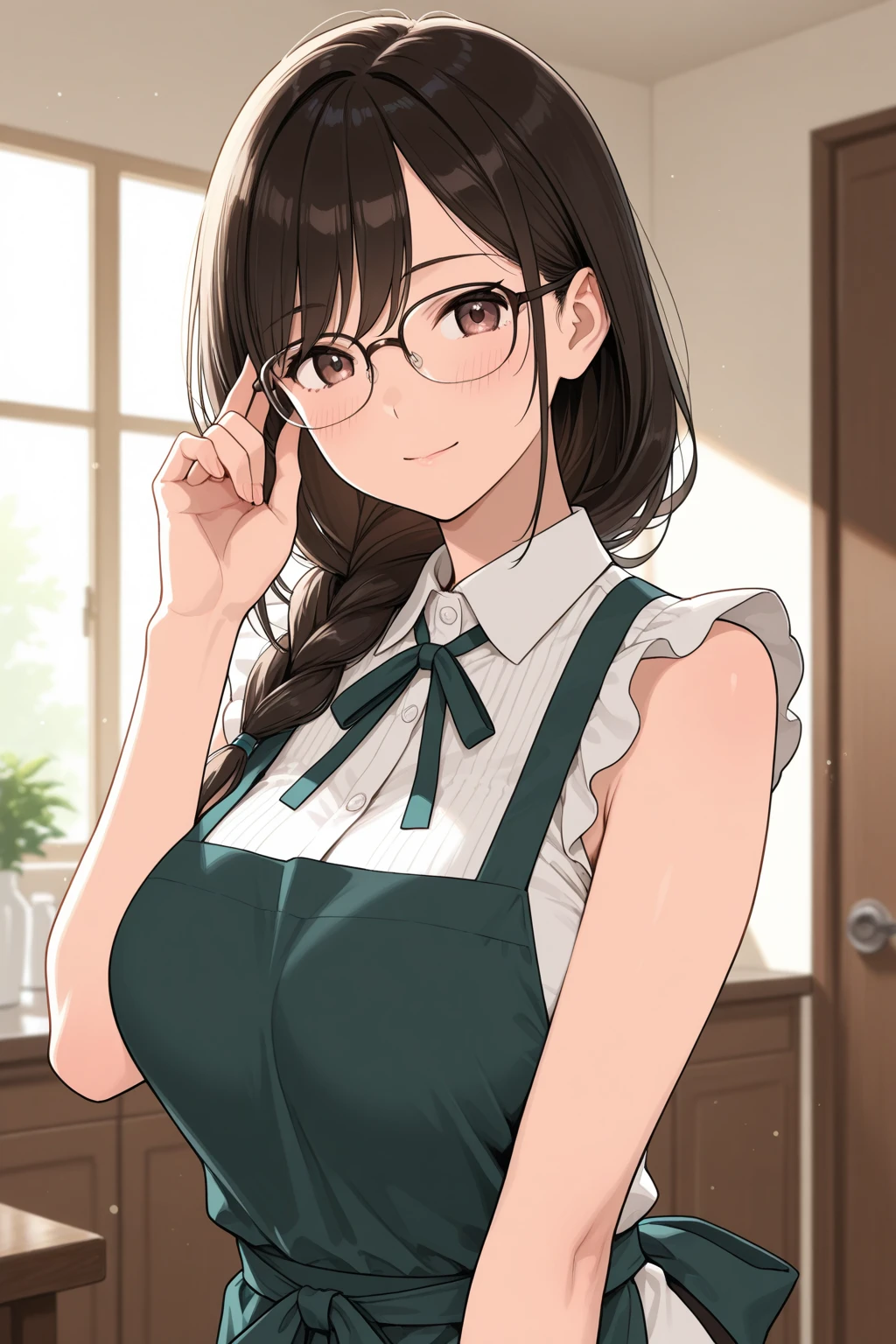 A Cute Girl, with very wide hips, mildly slim figure, White Shirt, (Long Green Pleated Skirt), indoors, Soft Smile, Brunette Hair, Medium-Length Hair, Lush Hair, Beautiful Brown Eyes, (Black Glasses), Thick_thighs, curvy_hips, Big Breasts, Short Figure, Modern House, cowboy-shot,