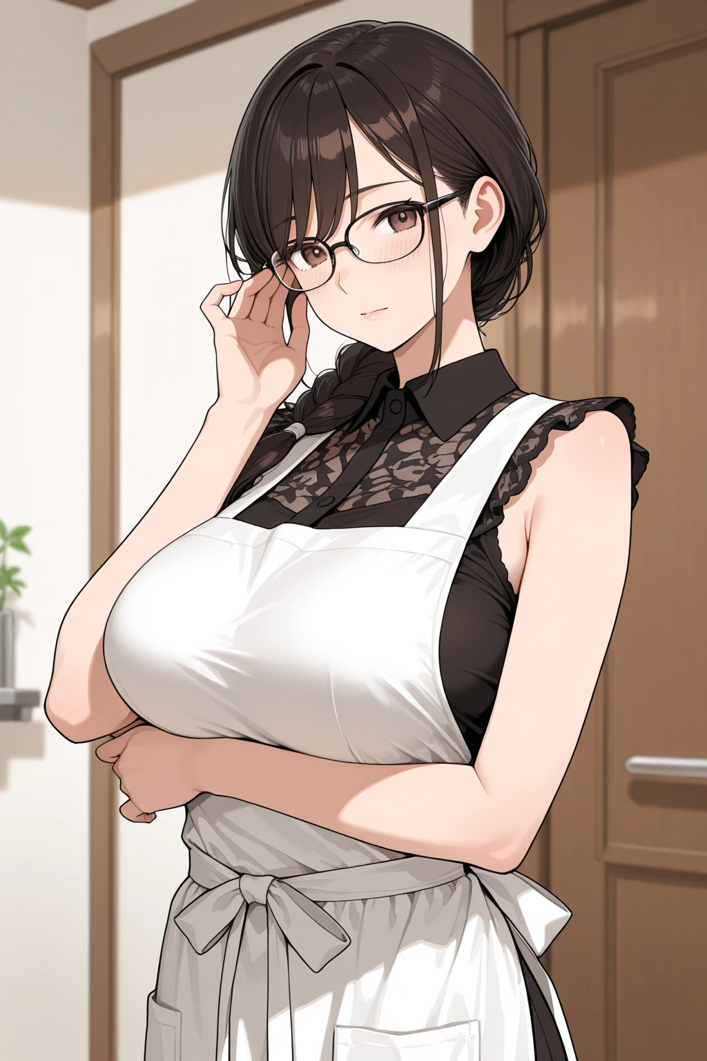 (sexy lovely body, bigboobs)  (solo:1.3 bob brown hair cute woman, 31 yo, cute green eyes, glasses), sexy naked, in a sex apron, (stick out your butt), break, perfect anatomy, masterpiece:1.2, best quality, 8k, beautiful detailed grow, daydreaming expression.