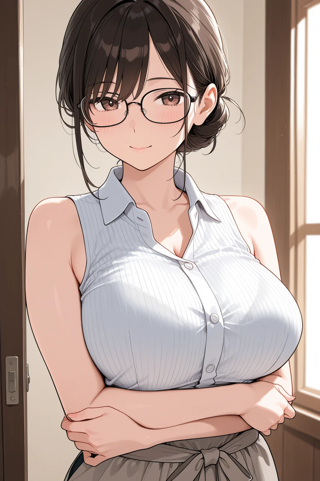 ((1 girl)),((alone)), (big breasts:1.5), blue shirt,cleavage,Glasses, collared shirt,Tight Skirt,bun hair, looking at the viewer,(single bun hair:1.2),(Sensitive smile:1.2), clavicle, blush, office lady, office room,machine,((highest quality)),((masterpiece)),(beautiful and fine eyes:1.5),8K UHD,highly detailed face,perfect image,turn your arms behind your back,Glossy and shiny,perfect anatomy,mature woman,セクシーなmature woman,30 years old,slim waist,(black hair),shiny hair,