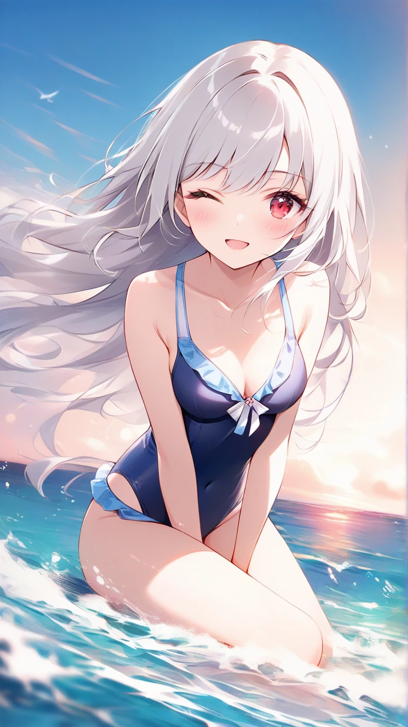 (8k, best quality, master piece: 1.2),super high resolution,1 girl, solo, ((colorshift eyes, hyperdetailed, expressive eyes)), ultra-detailed face, random hair, silver gray color, Ecstatic expression, A girl splashes water on her friends while playing in the shallow end of a pool. She smiles and looks at the camera with a happy expression. Silver hair in twin tails, a white and blue striped bikini, and a simple white swim ring.