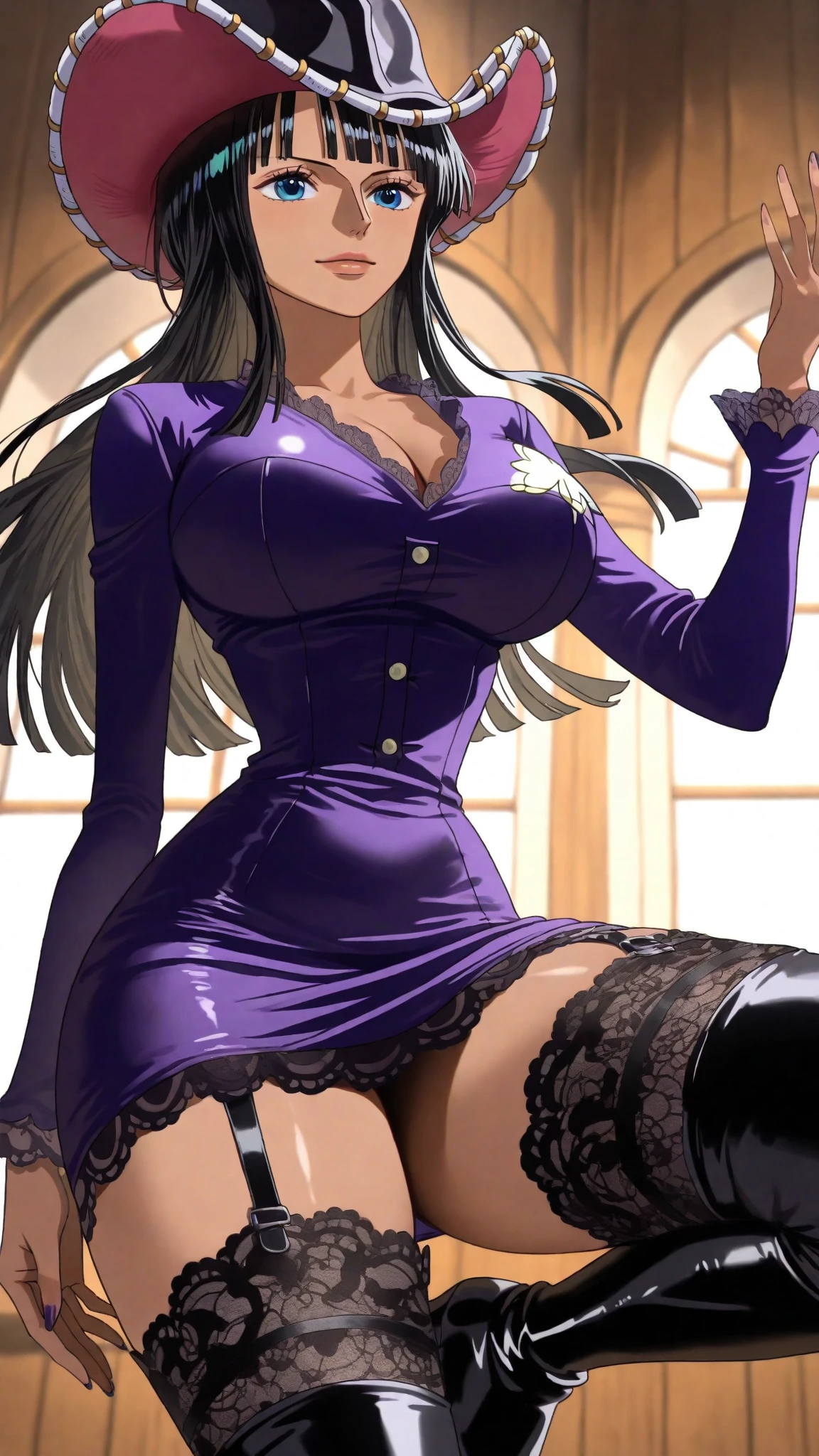 ((Masterpiece, Best Quality:1.3)),1 girl,one-sided short layered bob, ((blonde: 0,7) and (lilac inner color: 0.3) hair), deep purple transparent eyes, ((beautiful, detailed eyes, jewel-like eyes, shining eyes: 1.3)), alluring smile, watching viewer, office lady uniform,sexy lace panties,cleavage,underboob,stockings,thigh,wide hip,