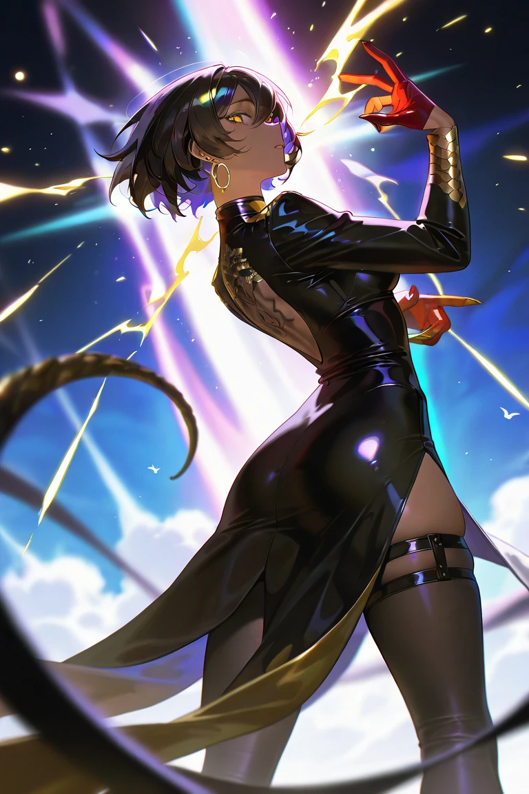 1girl, villain, leotard, purple leotard with gold accents, bare legs, (fastened tight gold belt), boots, ankle boots, bracelets, night sky, standing straight, hands on hip, infused with powers, cityscape, searchlights, black hair, short hair, bob hair, tiara, purple eyes, beautiful detailed eyes, perfect hands, solo, solo focus, evil grin