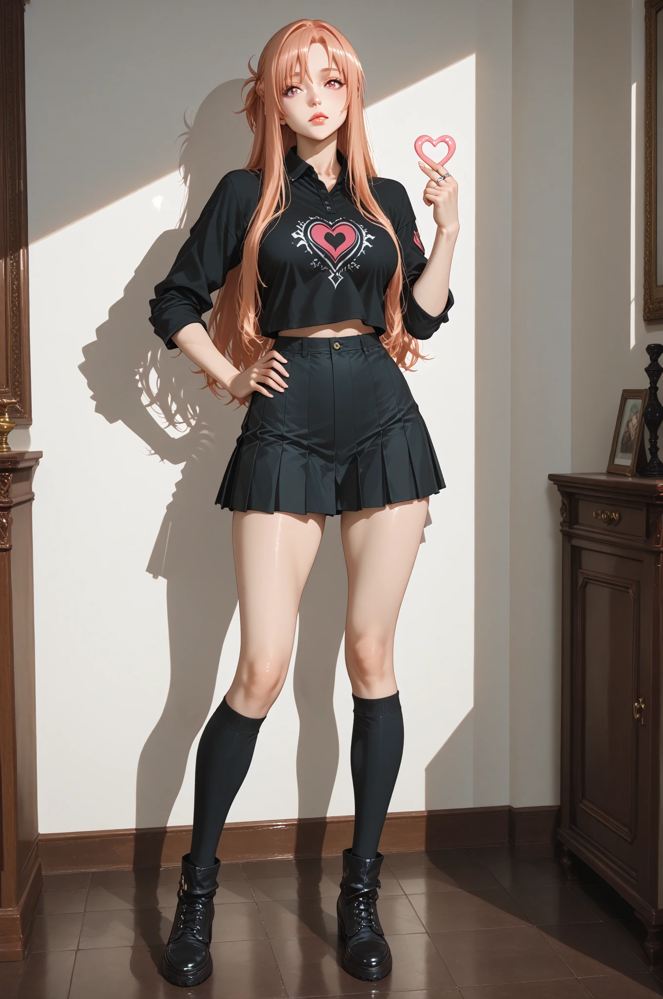 gothic girl, white skin, red hair, black polo shirt without design, black shorts with stockings