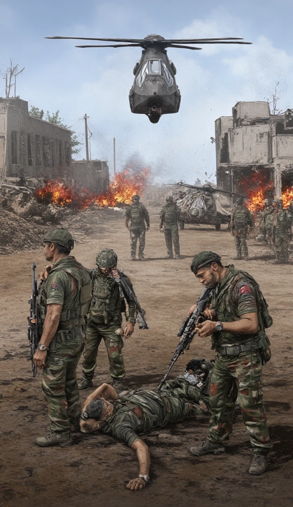 BPRE art of,<lora:tactical_gear_02:X>,comanche helicopter,A dramatic battlefield scene in Mogadishu, Somalia, 1993 — Malaysian soldiers (Malaysian Army, jungle camo uniform, beret) bravely assisting trapped American soldiers under heavy fire. Urban warfare chaos: dusty streets, shot-down Black Hawk helicopter in the background, intense gunfire, debris, destroyed buildings, smoke and fire. One Malaysian soldier lying on the ground (representing Pbt Mat Aznan), others providing cover fire with M16 rifles. Atmosphere of bravery, sacrifice, and tension. Cinematic lighting, photo-realistic war drama composition, painted poster style.
